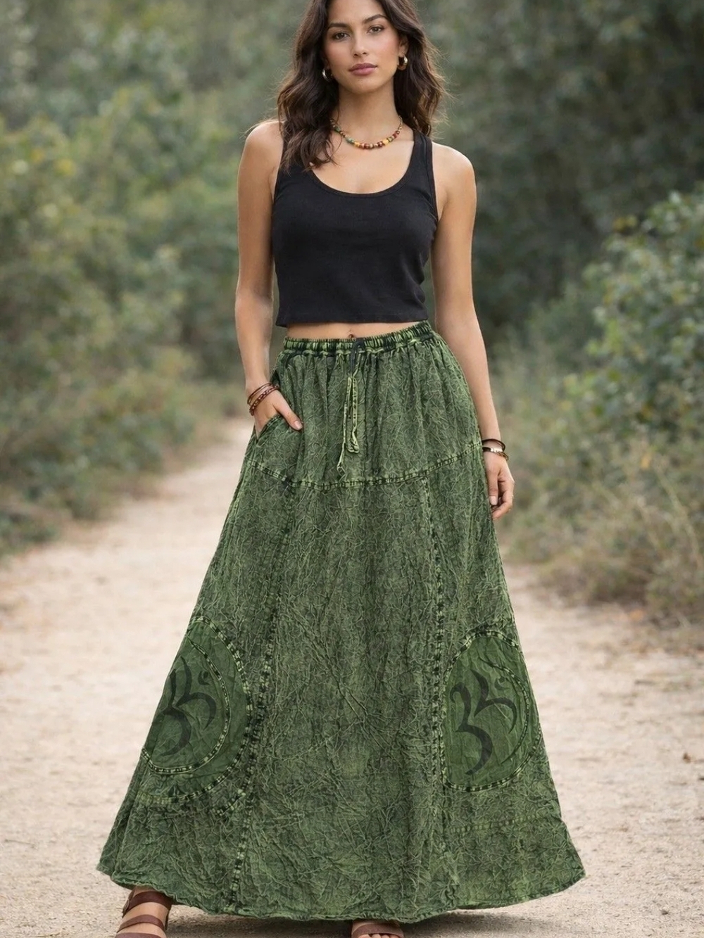 Bohemian Olive Green Genie Pants with Drawstring Waist - OS Fits Up To 2X